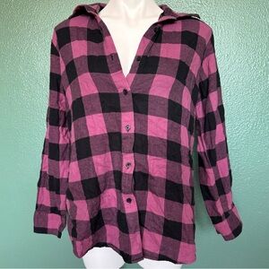Joan Rivers Pink Purple Black Plaid Long Sleeve Button Down Flannel Top